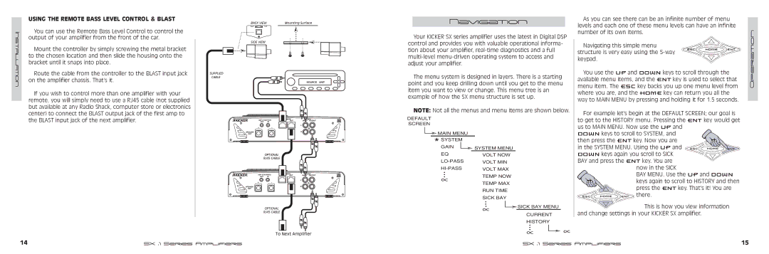 Kicker SX1250.1, SX650.1 manual Navigation, Using the Remote Bass Level Control & Blast 