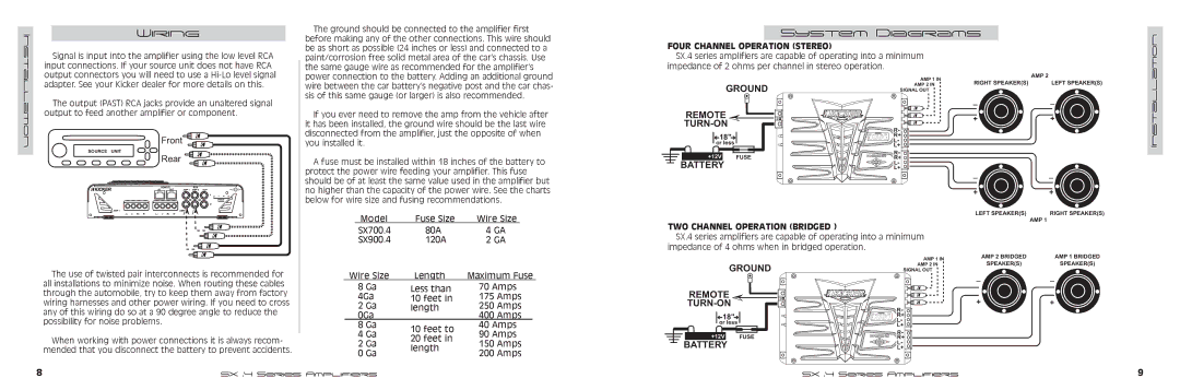 Kicker SX900.4, SX700.4 manual Wiring, Four Channel Operation Stereo, TWO Channel Operation Bridged 