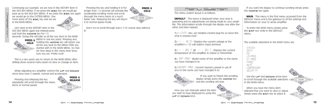 Kicker SX700.4, SX900.4 manual Lo-Pass Hi-Pass Phase Mute Kompressor Security, Menu System, Press Hold, Press & Release 