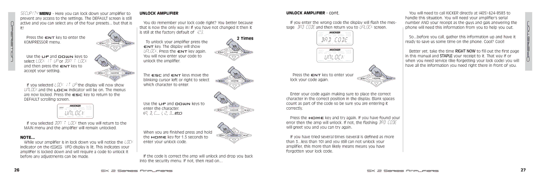 Kicker SX500.2, SX900.2, SX600.2, SX400.2 manual Unlock Amplifier, Times, Lock your code again 