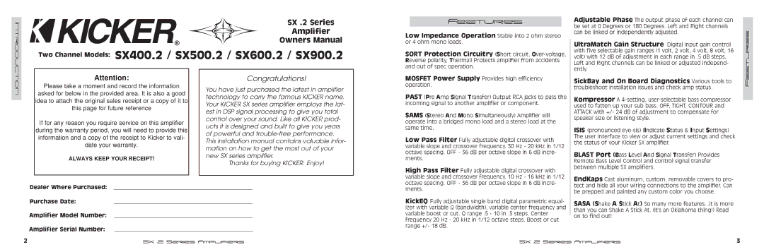 Kicker manual Two Channel Models SX400.2 / SX500.2 / SX600.2 / SX900.2, Features 