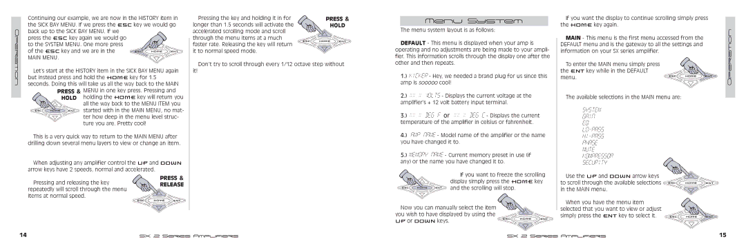 Kicker SX900.2, SX600.2 manual Lo-Pass Hi-Pass Phase Mute Kompressor Security, Menu System, Press Hold, Press & Release 