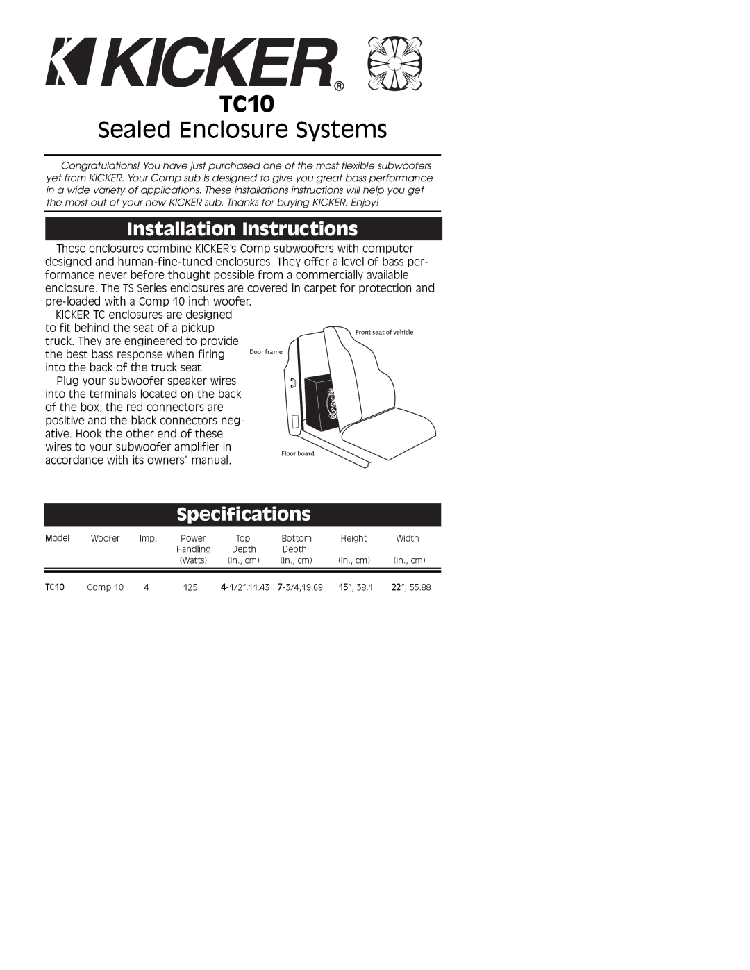 Kicker TC10 installation instructions Installation Instructions, Specifications 