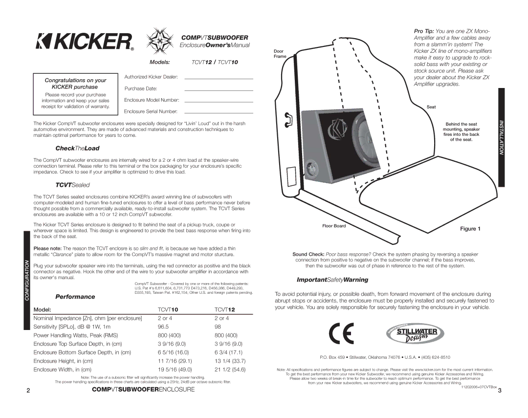 Kicker TCVT12 warranty CheckTheLoad, Performance, ImportantSafetyWarning 