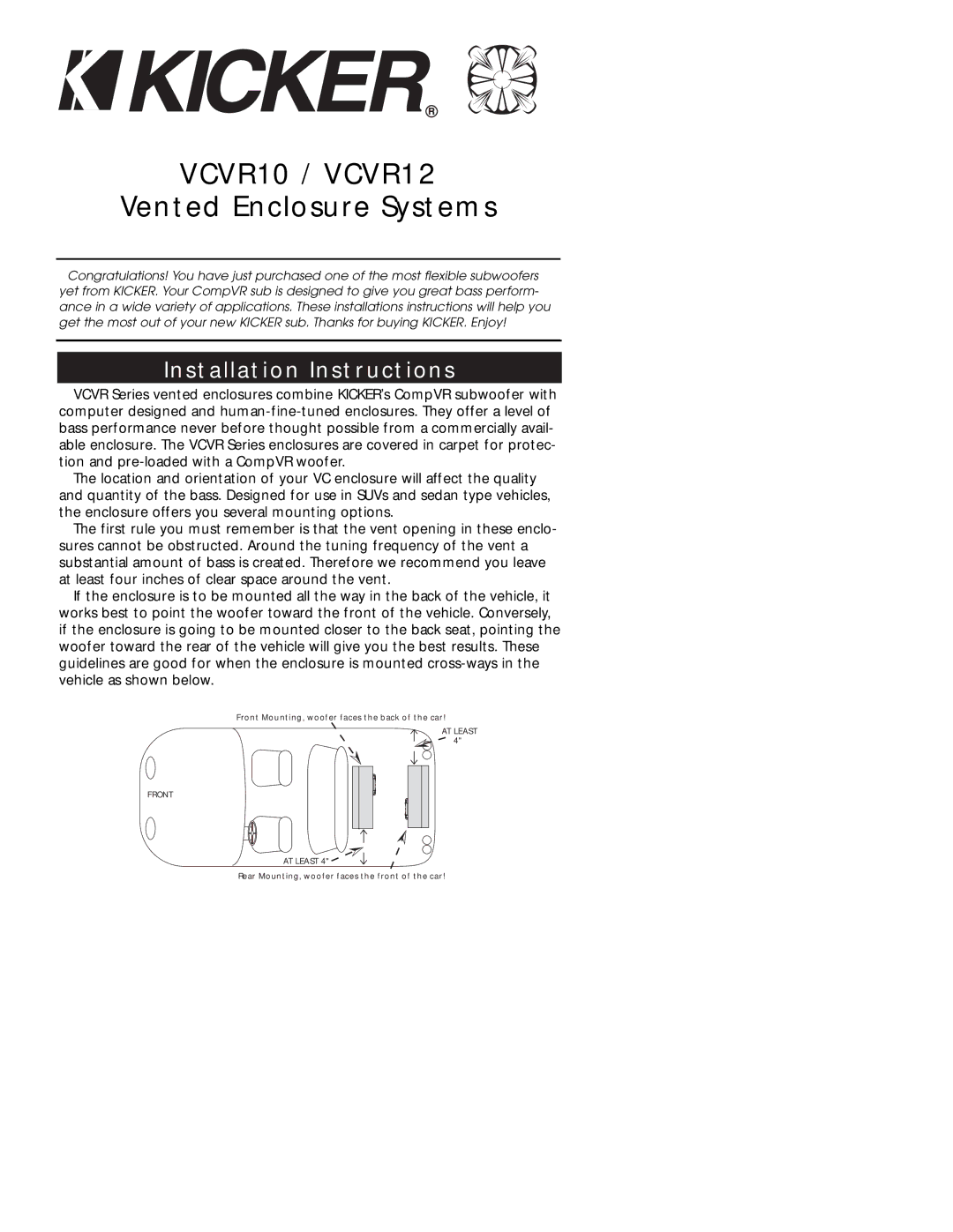 Kicker installation instructions VCVR10 / VCVR12, Installation Instructions 