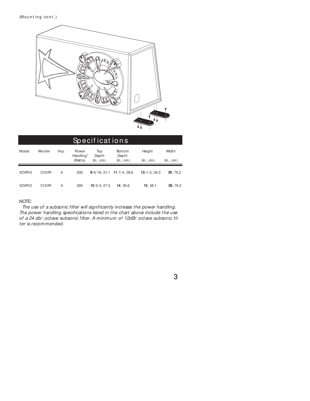 Kicker VCVR10 installation instructions Specifications 