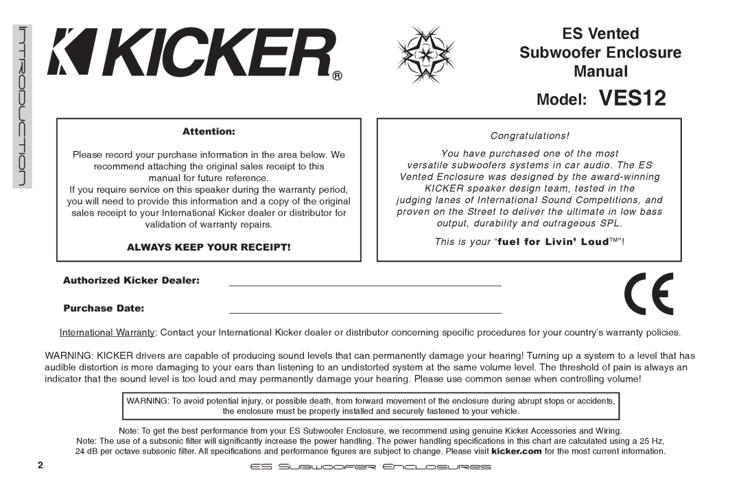 Kicker manuel dutilisation ES Vented Subwoofer Enclosure Manual Model VES12, Introduction 