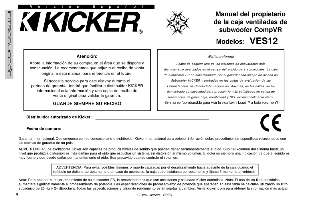 Kicker VES12 manuel dutilisation Introducción, Fecha de compra 