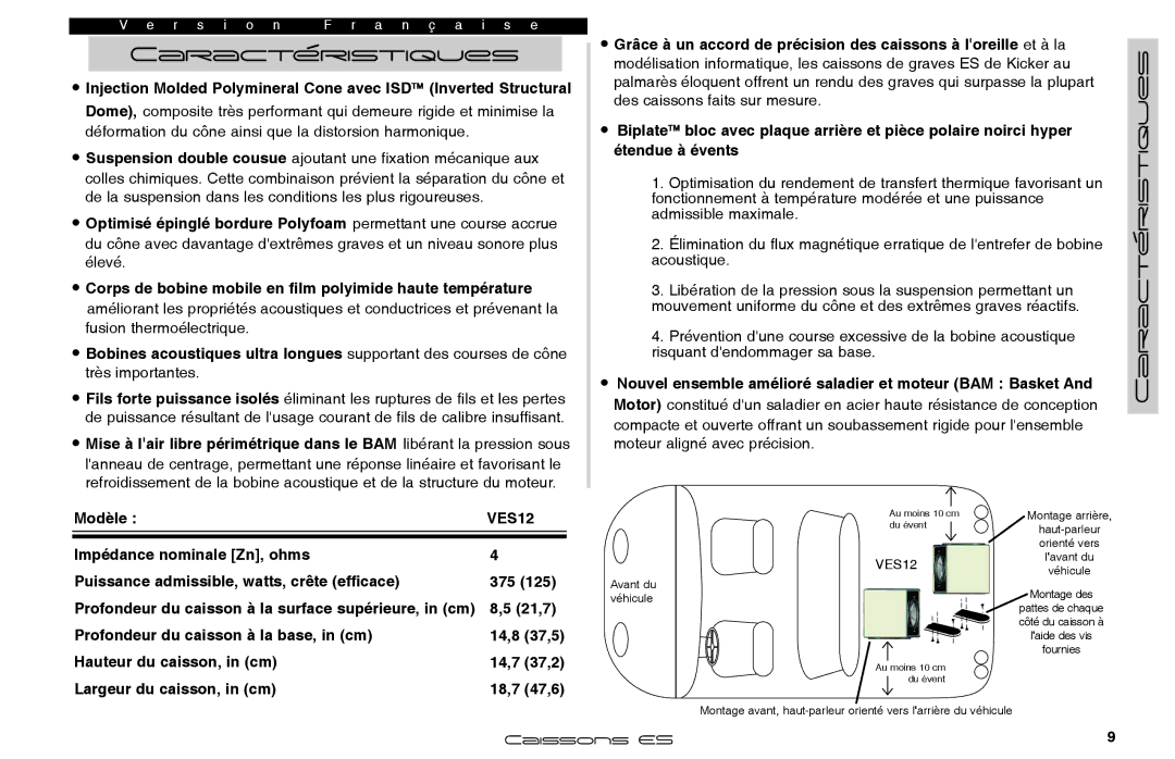 Kicker VES12 manuel dutilisation Caractéristiques, Modèle, 21,7 