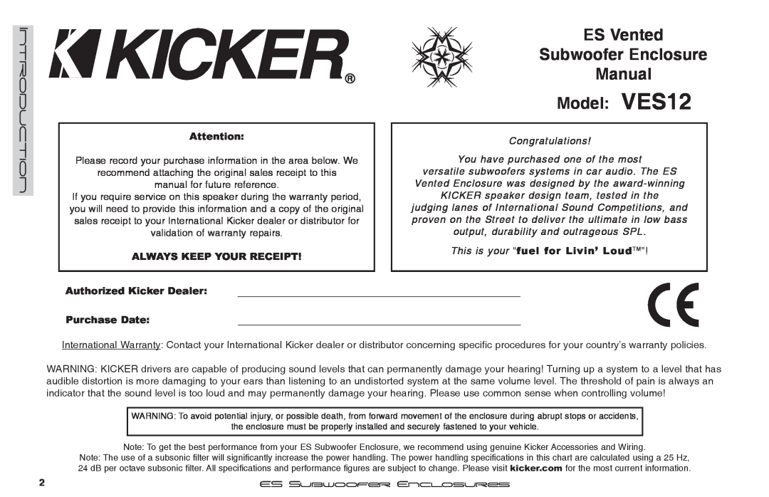 Kicker manuel dutilisation ES Vented Subwoofer Enclosure Manual Model VES12, Introduction, Congratulations 