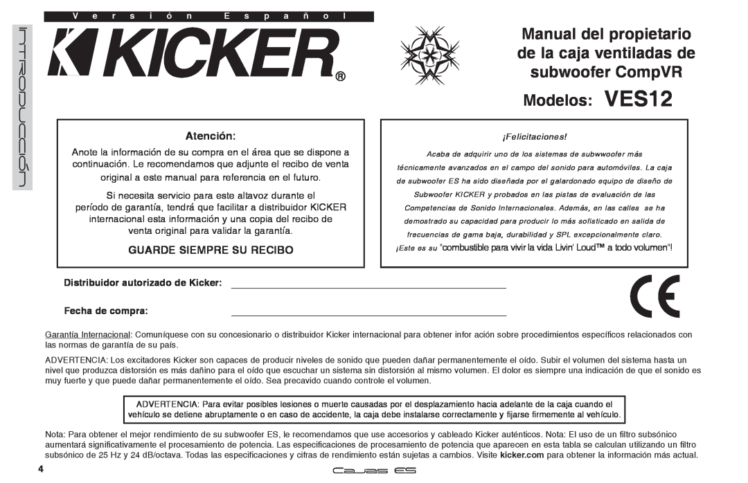 Kicker manuel dutilisation Modelos VES12, Introducción, Atención, Guarde Siempre Su Recibo 