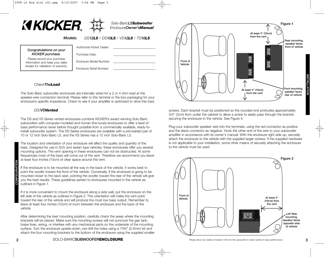 Kicker DS10L5, VS12L5 Solo-BaricL5 Subwoofer, Models DS12 L5 / DS10 L5 / VS12 L5 / TS10 L5, CheckTheLoad, DS/VSVented 