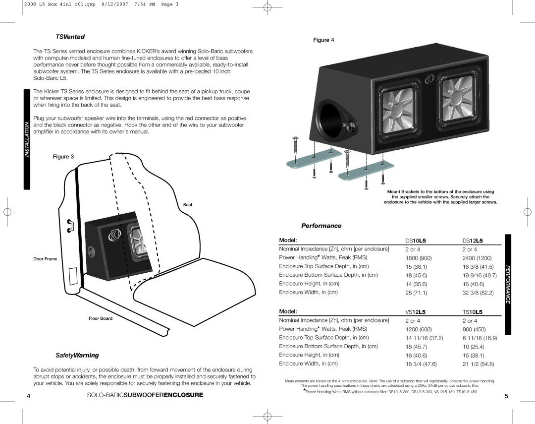 Kicker VS12L5, TS10L5, DS10L5 manuel dutilisation TSVented, SafetyWarning, 4SOLO-BARICSUBWOOFERENCLOSURE, Performance 