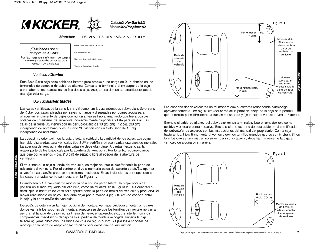 Kicker TS10L5 CajadeSolo-BaricL5, ManualdelPropietario, Modelos DS12 L5 / DS10 L5 / VS12 L5 / TS10 L5, Verificalos Ohmios 