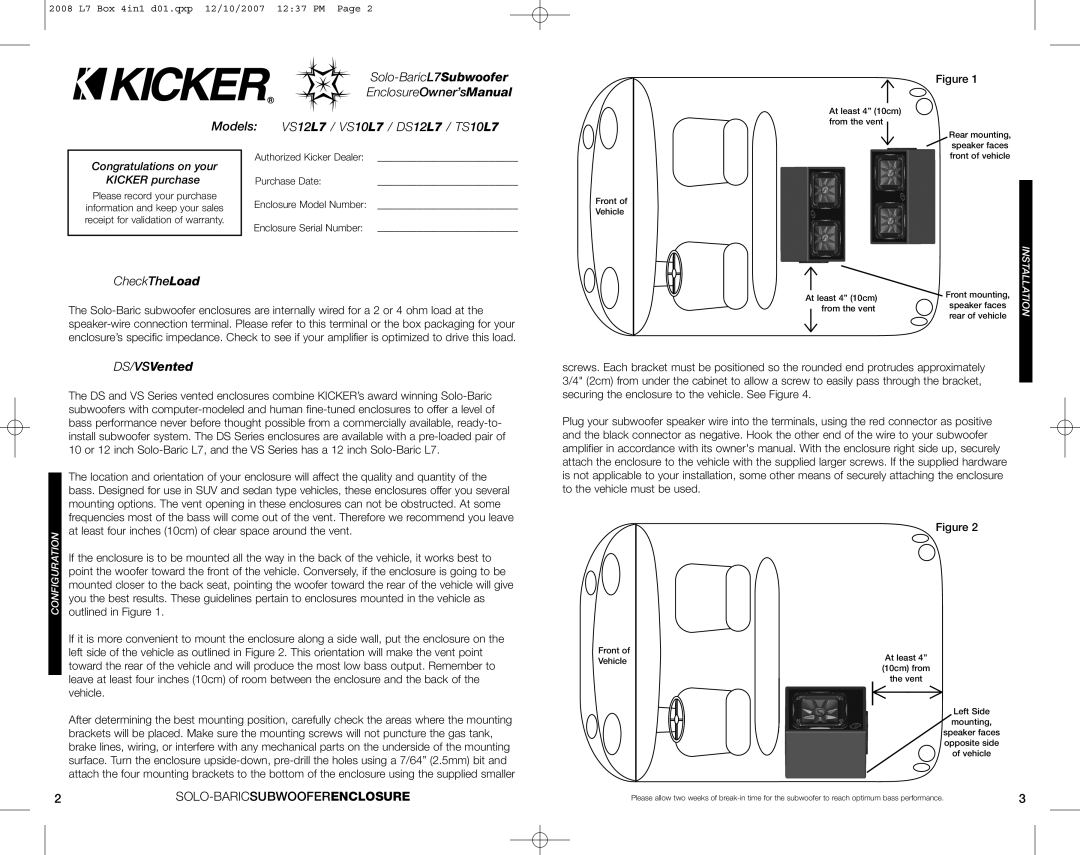 Kicker TS10L7, VS12L7 Solo-BaricL7 Subwoofer, Models VS12 L7 / VS10 L7 / DS12 L7 / TS10 L7, CheckTheLoad, DS/VSVented 