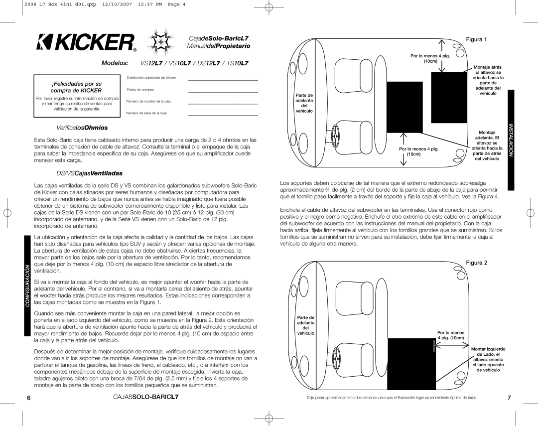 Kicker VS12L7 CajadeSolo-BaricL7, ManualdelPropietario, Modelos VS12 L7 / VS10 L7 / DS12 L7 / TS10 L7, Verificalos Ohmios 