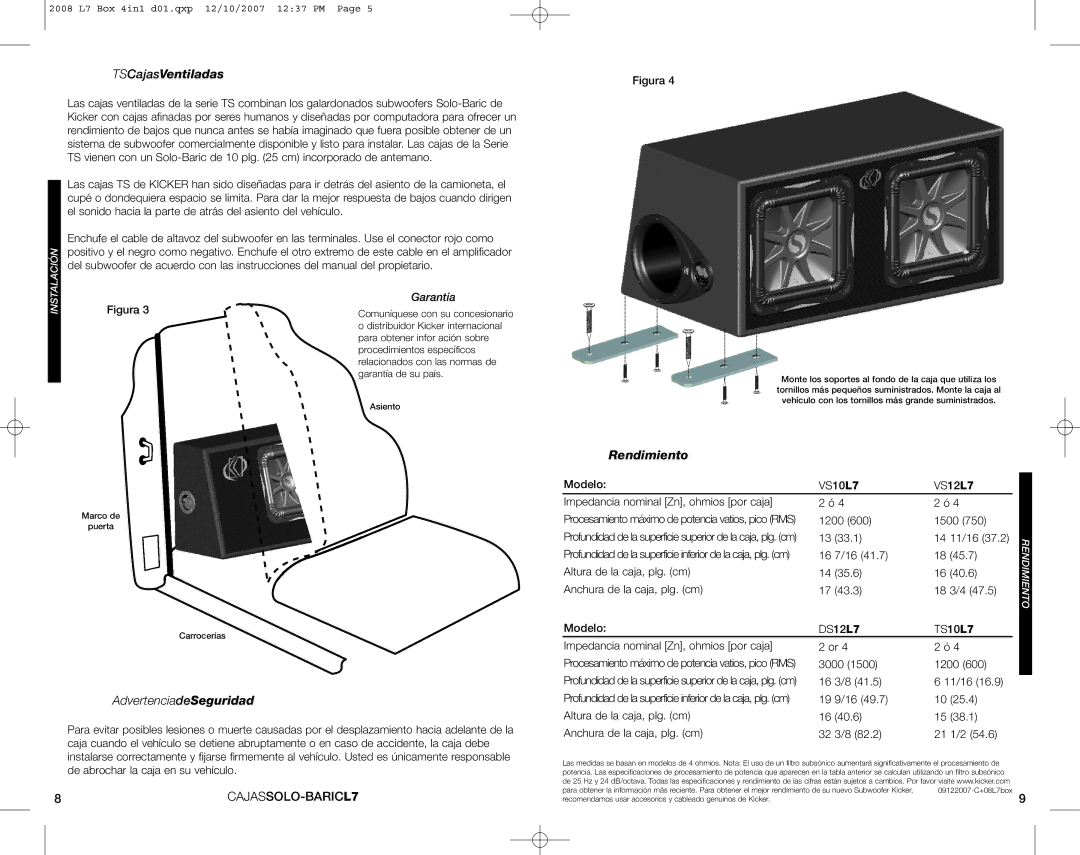 Kicker VS10L7, VS12L7, TS10L7, DS12L7 TSCajasVentiladas, AdvertenciadeSeguridad, CAJASSOLO-BARIC L7, Rendimiento, Garantía 