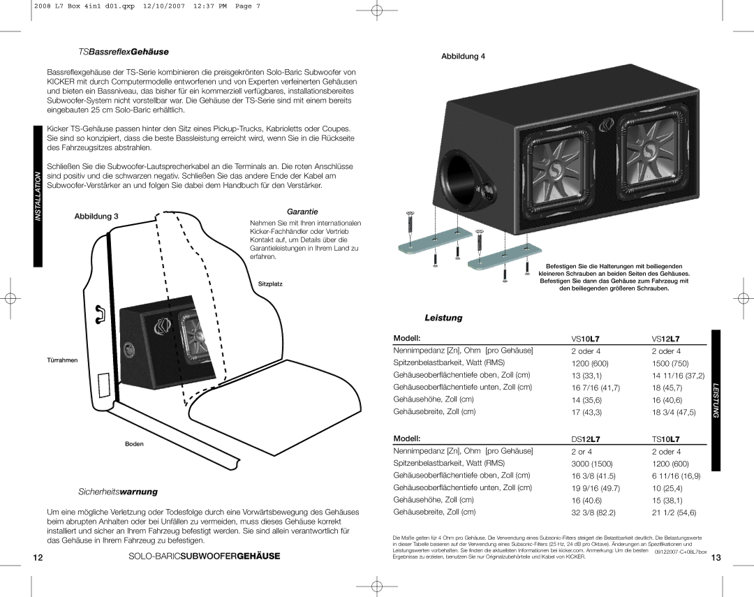 Kicker DS12L7, VS12L7, VS10L7, TS10L7 manuel dutilisation TSBassreflexGehäuse, Sicherheitswarnung, Leistung, Garantie 