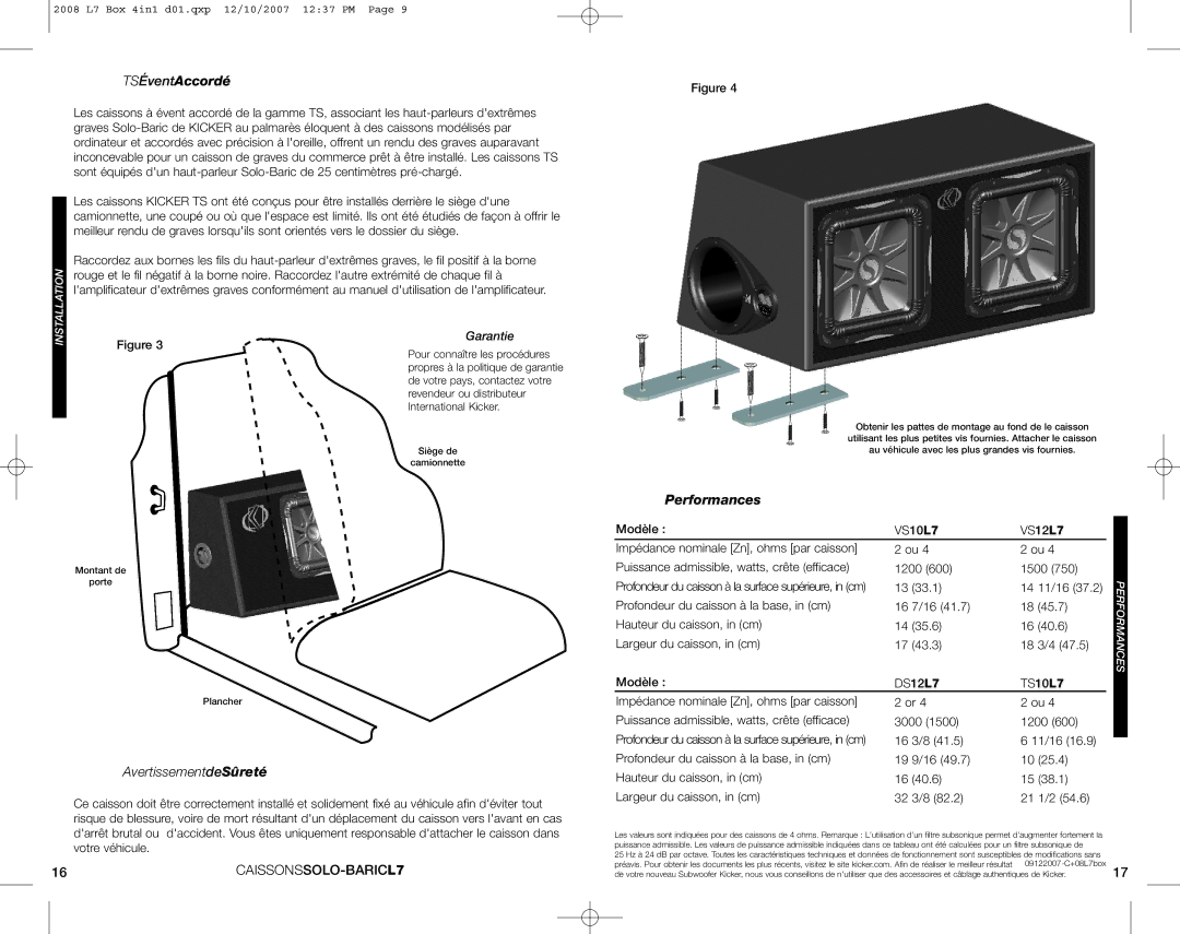 Kicker VS10L7, VS12L7, TS10L7, DS12L7 manuel dutilisation TSÉventAccordé, AvertissementdeSûreté, Performances 