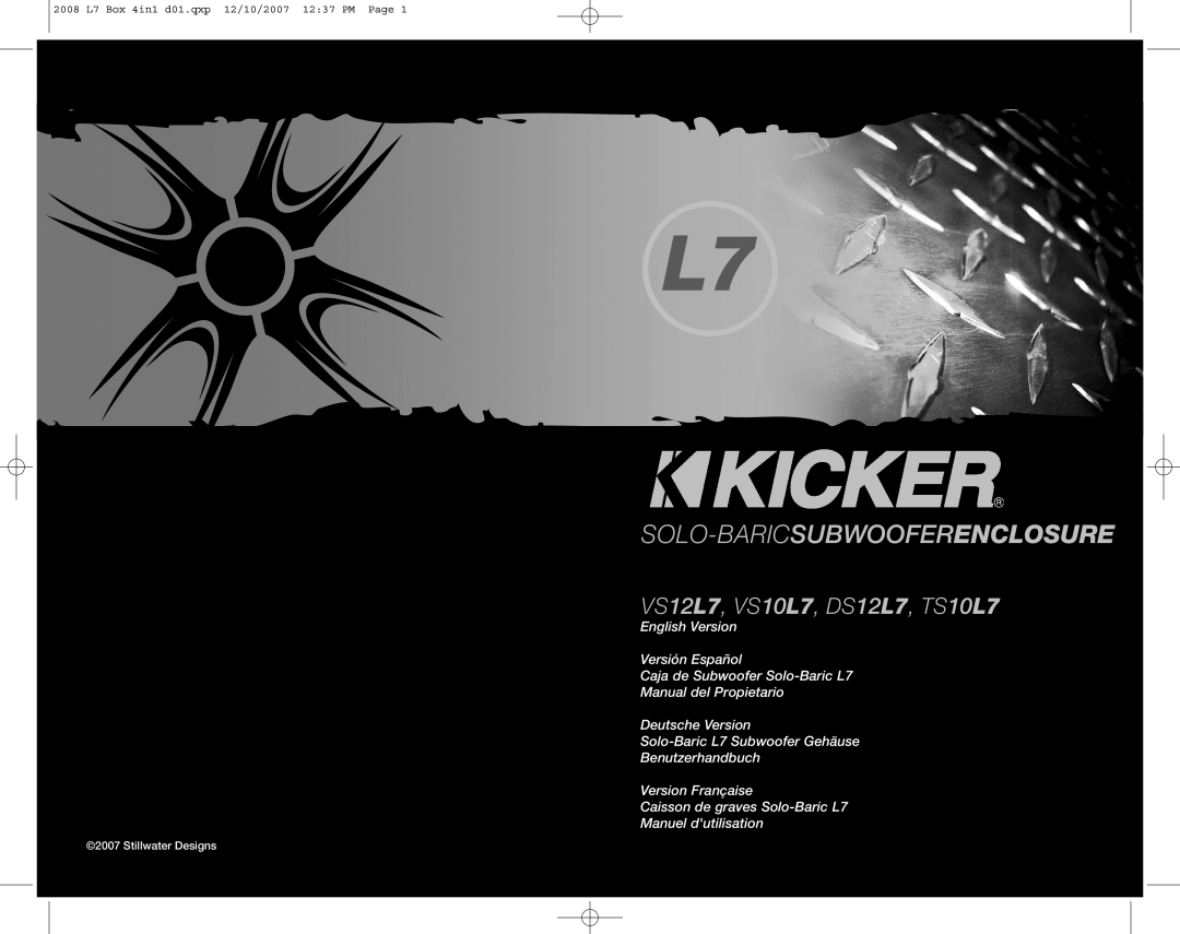 Kicker manual Solo-Baricsubwooferenclosure, VS12L7, VS10L7, DS12L7, TS10L7, Stillwater Designs 