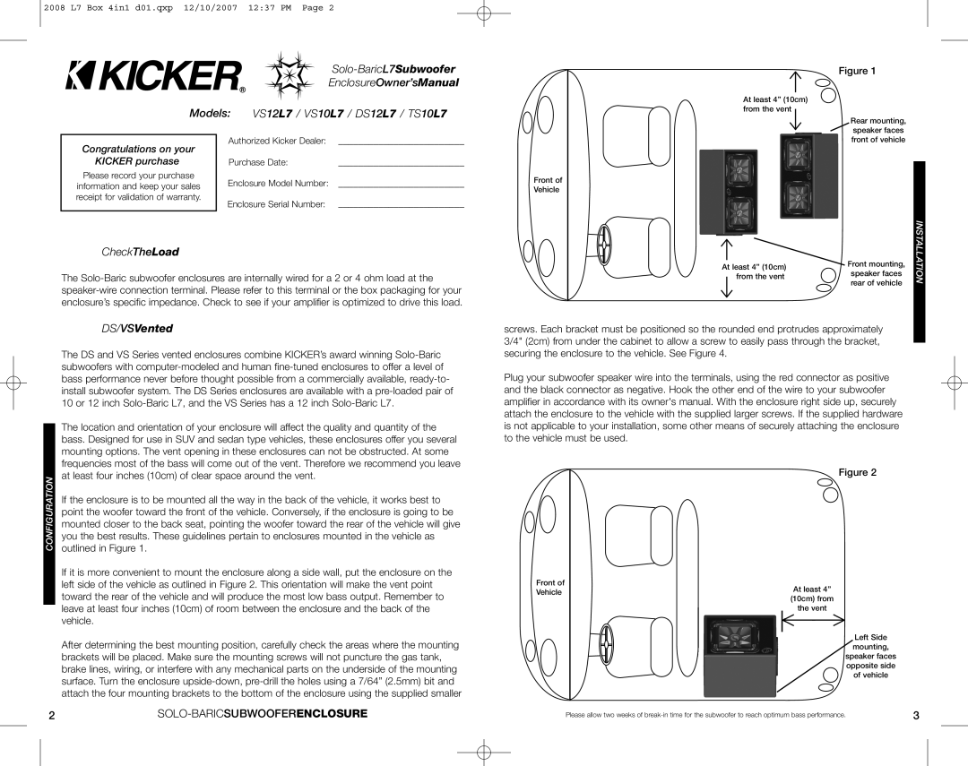 Kicker Solo-BaricL7Subwoofer, EnclosureOwner’sManual, Models, VS12L7 / VS10L7 / DS12L7 / TS10L7, CheckTheLoad 