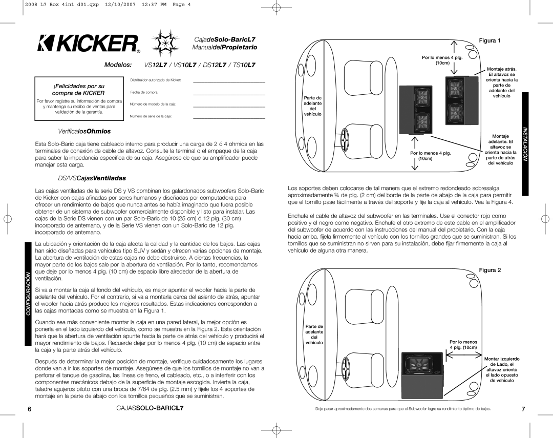 Kicker VS12L7 CajadeSolo-BaricL7, ManualdelPropietario, Modelos, VerificalosOhmios, DS/VSCajasVentiladas, compra de KICKER 