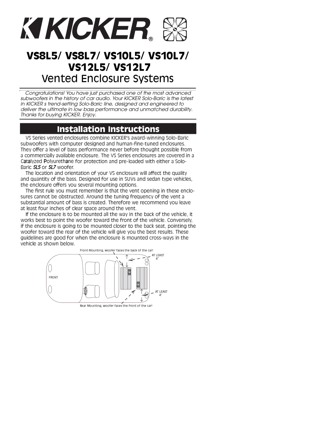 Kicker installation instructions VS8L5/ VS8L7/ VS10L5/ VS10L7 VS12L5/ VS12L7, Installation Instructions 