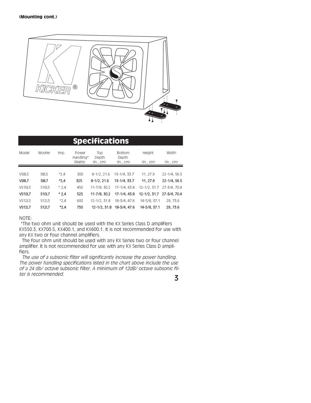 Kicker VS10L7, VS12L7, VS12L5, VS10L5, VS8L5 installation instructions Specifications, VS8L7 