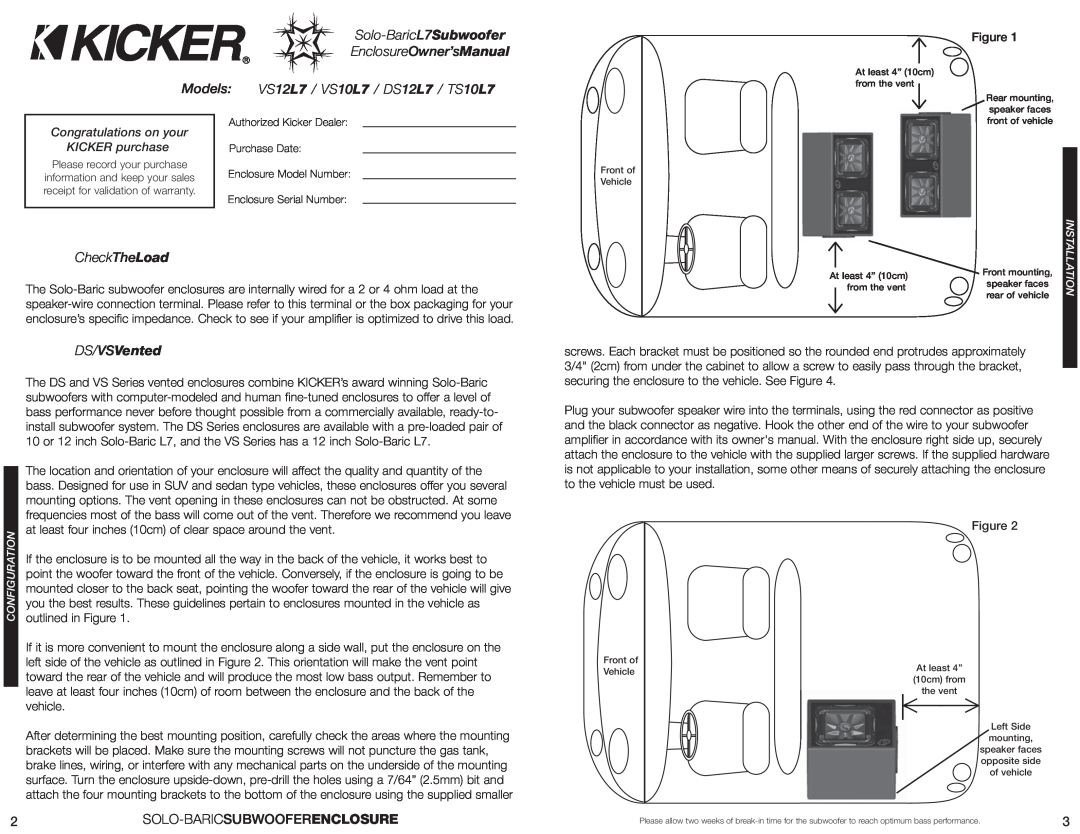Kicker VS12L7 manual DS/VSVented, Solo-Baricsubwooferenclosure, Congratulations on your KICKER purchase, CheckTheLoad 