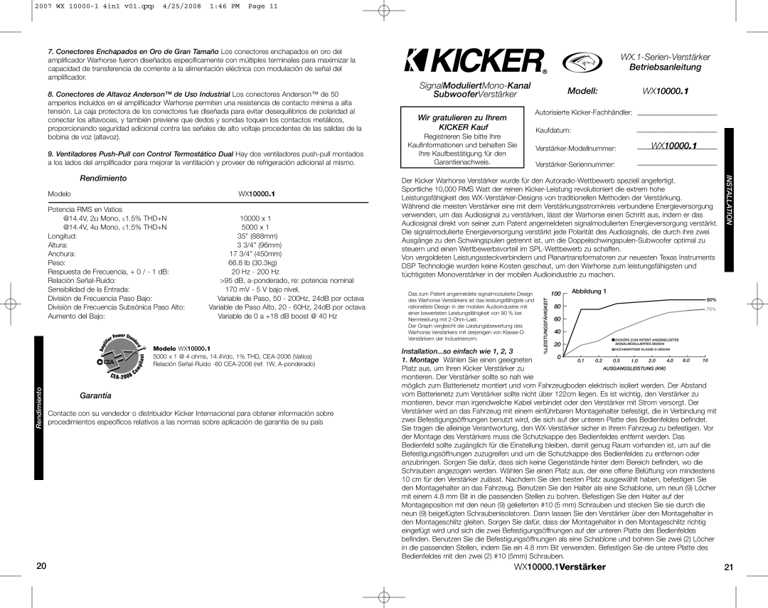 Kicker 07 WX 10000-1 WX.1-Serien-Verstärker, Wir gratulieren zu Ihrem Kicker Kauf, Rendimiento, Garantía 