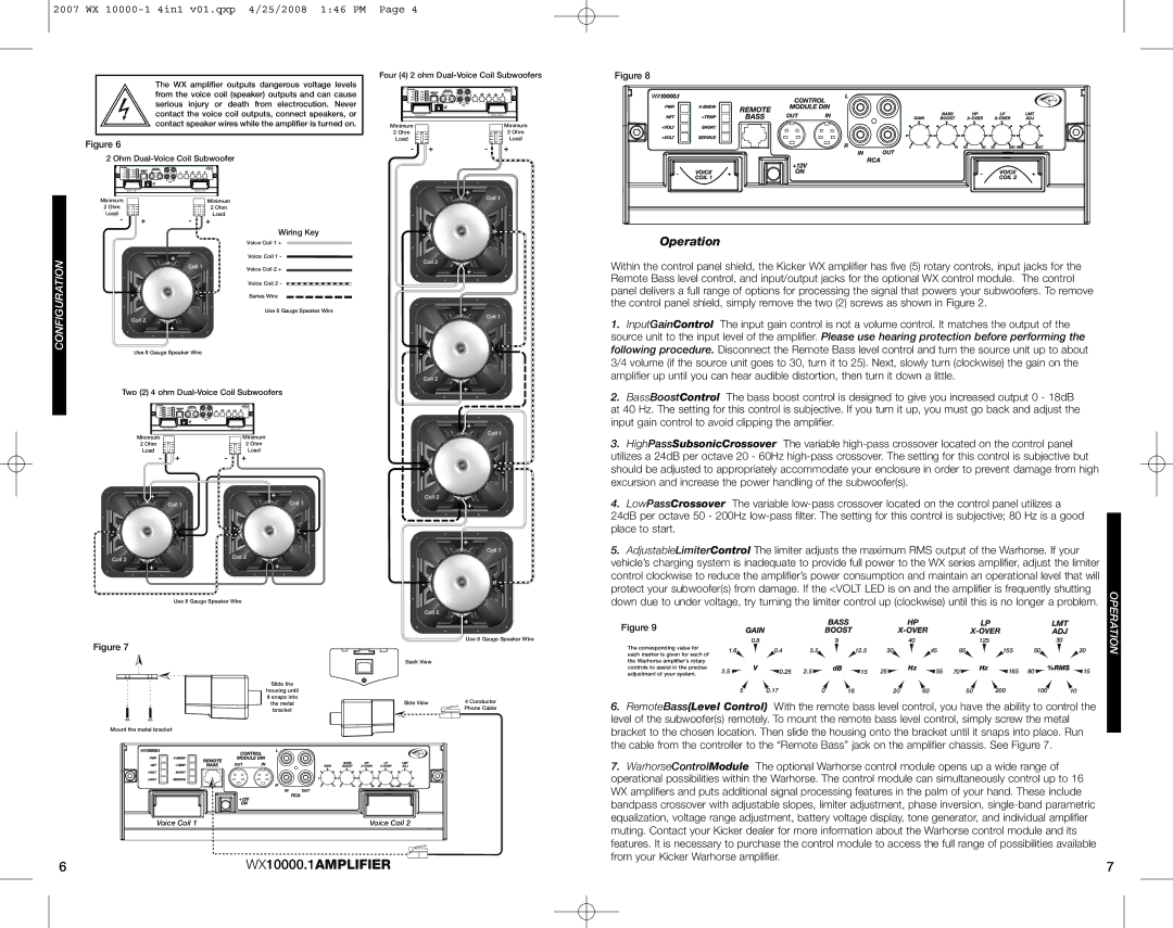 Kicker WX 10000-1 Place to start, From your Kicker Warhorse amplifier, Wiring Key, Four 4 2 ohm Dual-Voice Coil Subwoofers 