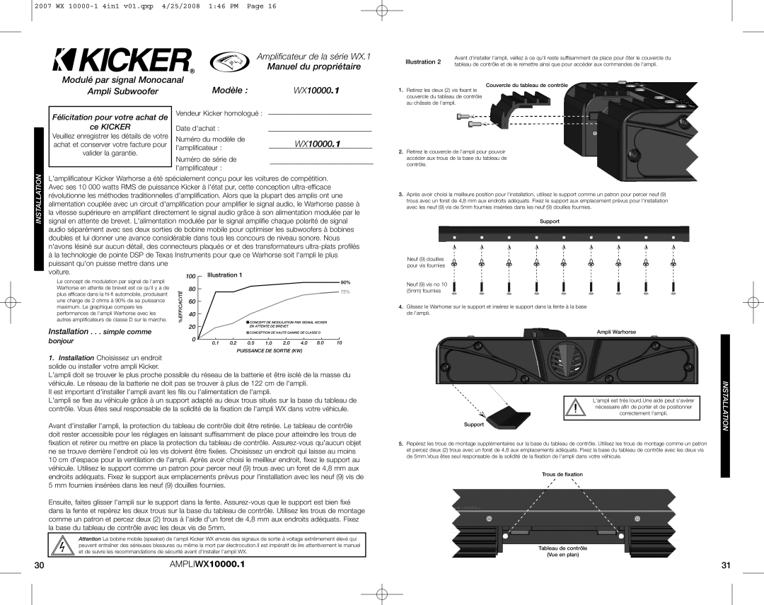 Kicker WX 10000-1 Manuel du propriétaire, Modulé par signal Monocanal, Ampli Subwoofer, Modèle, AMPLIWX10000.1 