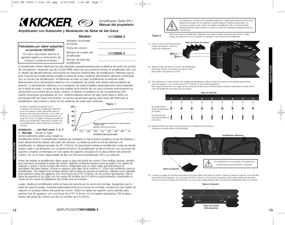 Kicker 07 WX 10000-1 Amplificador Serie WX.1 Manual del propietario, Modelo, AMPLIFICADORWX10000.1, Instalación 