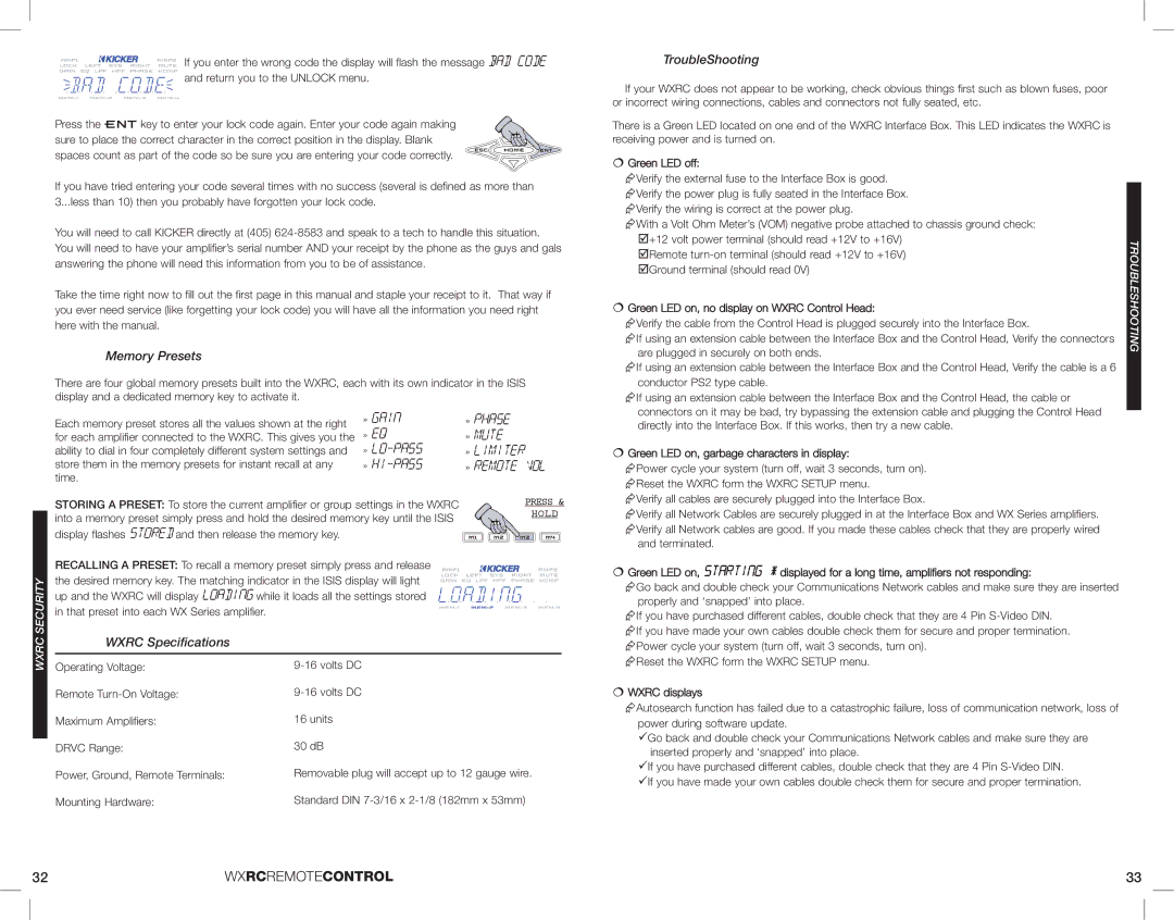 Kicker 08WXRC manual » Phase » Mute » Limiter » Remote VOL, Memory Presets, TroubleShooting, Wxrc Specifications 