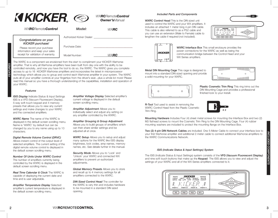 Kicker WXRC Congratulations on your Kicker purchase, Please record your purchase, Features, Wxrc Communications Network 