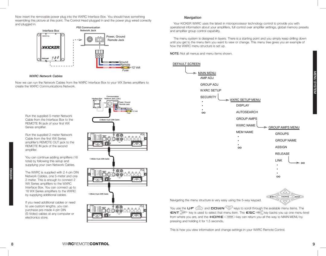 Kicker 08WXRC manual Navigation, Menu, Wiring 