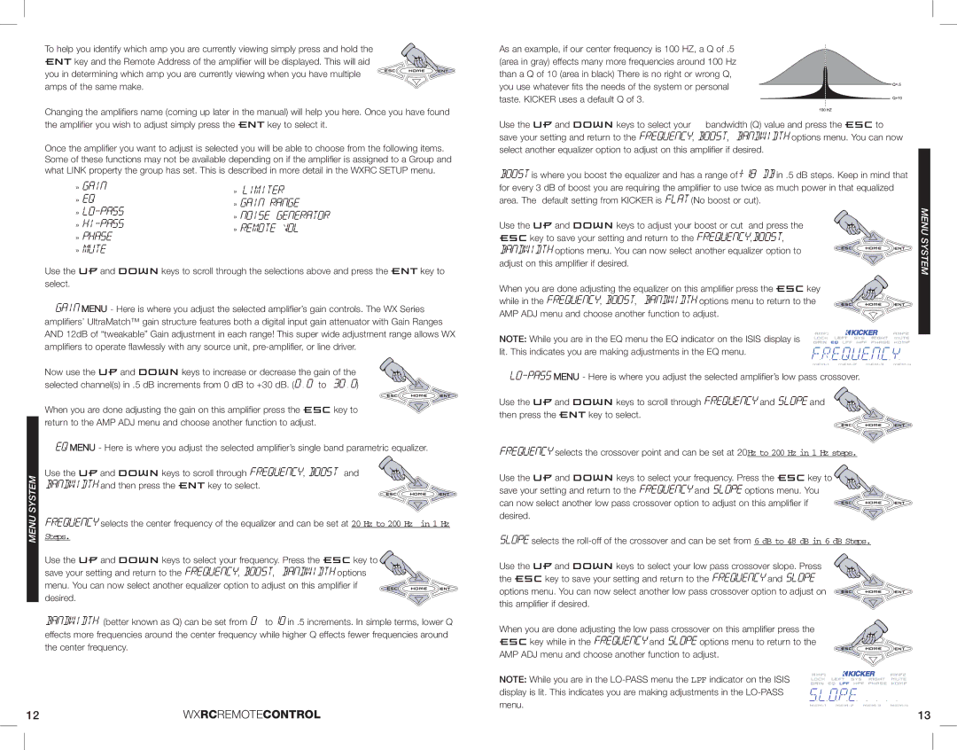 Kicker 08WXRC manual » Gain, » Eq, Menu System, AMP ADJ menu and choose another function to adjust 