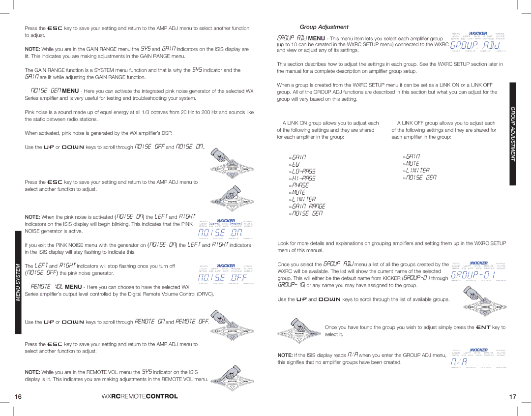 Kicker 08WXRC manual »Gain »Mute »Limiter »Noise Gen, Group Adjustment Menu System 