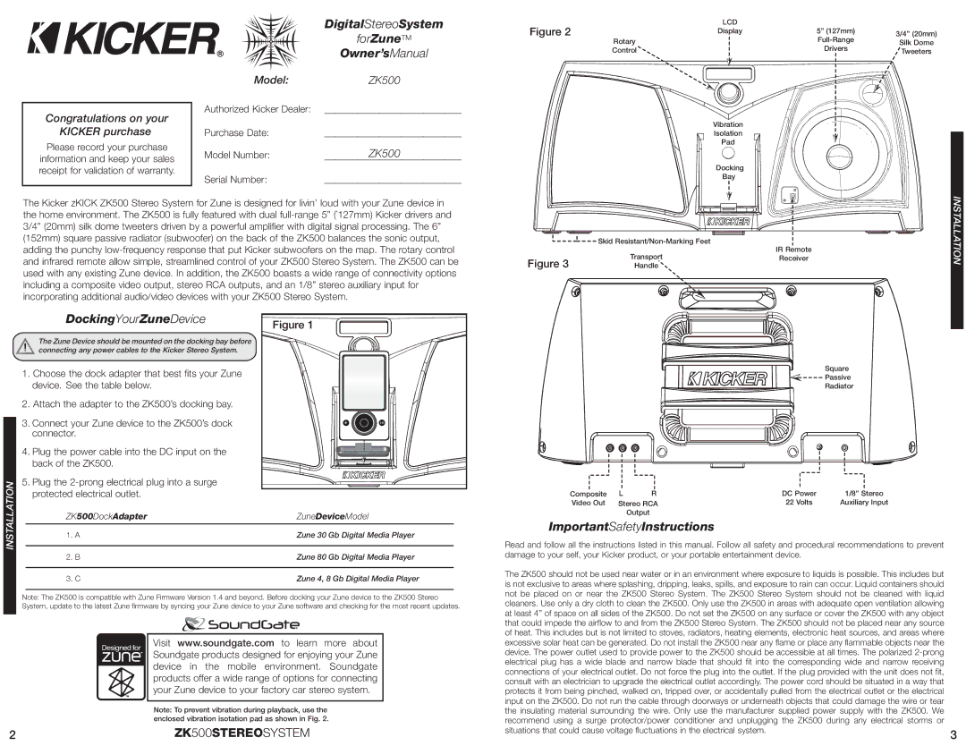 Kicker ZK500 manual DigitalStereoSystem, ForZuneTM, Owner’sManual, DockingYourZuneDevice, ImportantSafetyInstructions 