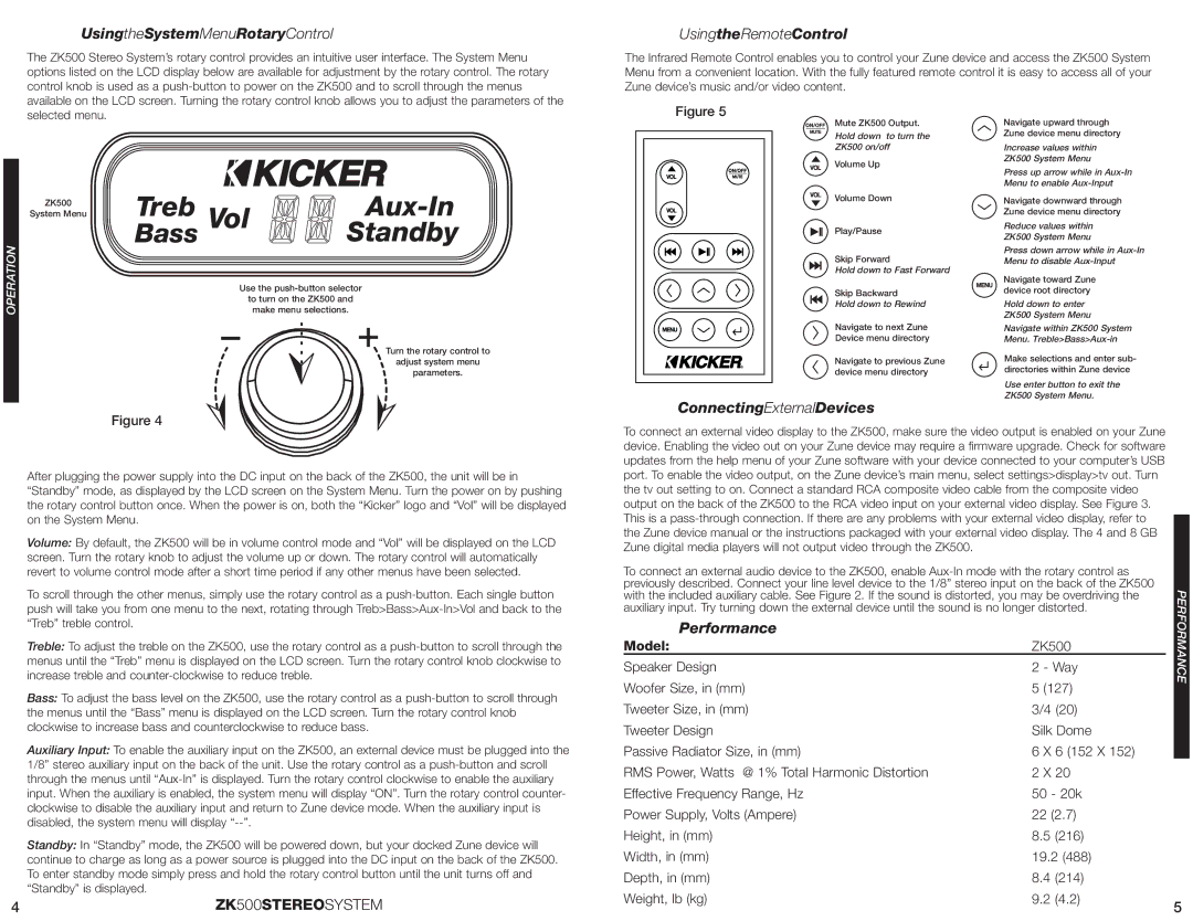 Kicker ZK500 manual UsingtheSystemMenuRotaryControl, ConnectingExternalDevices, Performance 