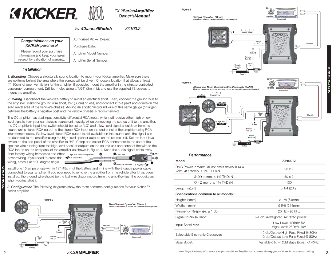 Kicker ZX100.2 manual Congratulations on your, Kicker purchase, Installation, Performance 