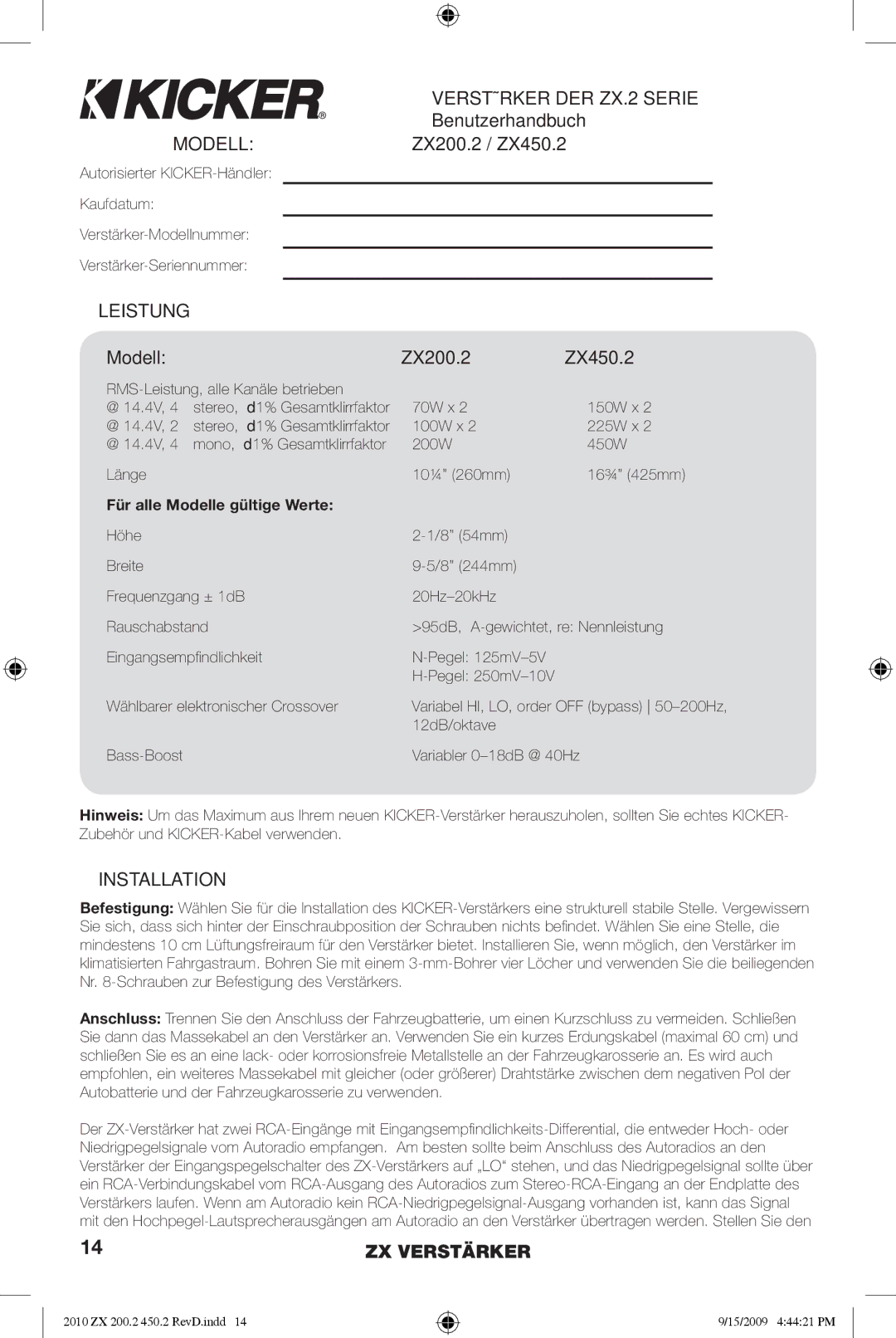 Kicker manual Verstärker DER ZX.2 Serie, Benutzerhandbuch, Leistung, Modell ZX200.2 ZX450.2 