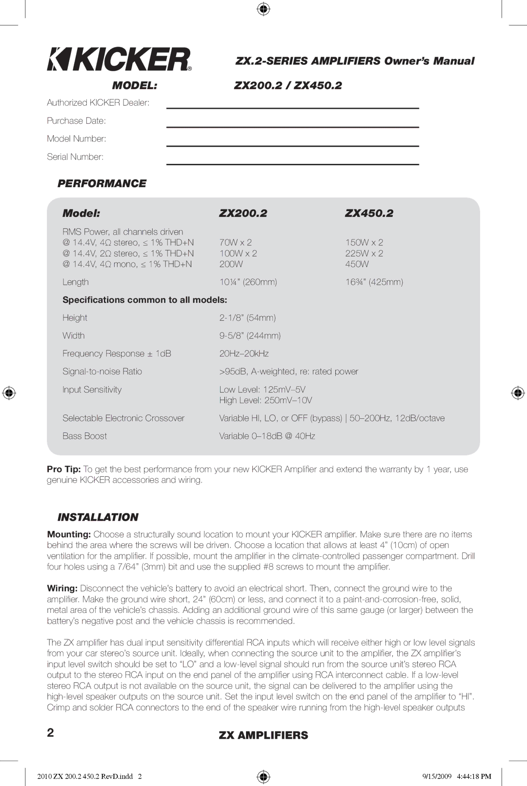 Kicker manual ZX200.2 / ZX450.2, Performance, Model ZX200.2 ZX450.2, Installation 