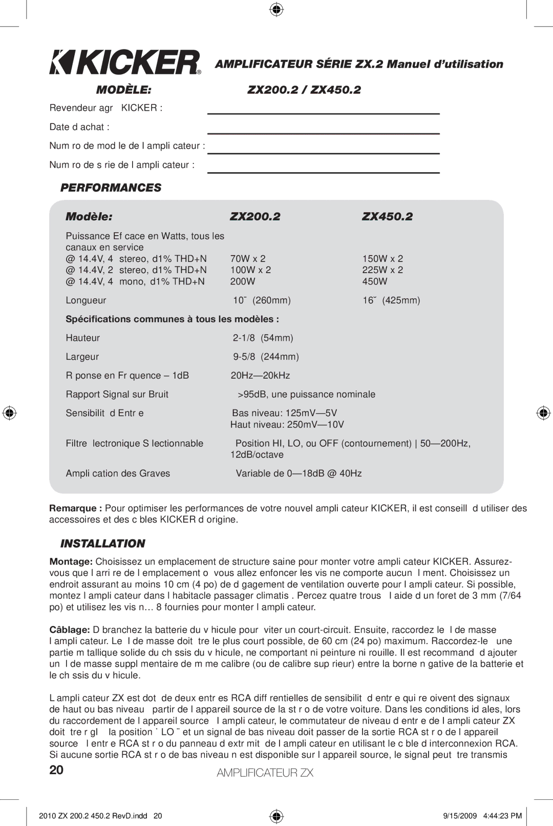 Kicker manual Amplificateur Série ZX.2 Manuel d’utilisation, Performances, Modèle ZX200.2 ZX450.2 