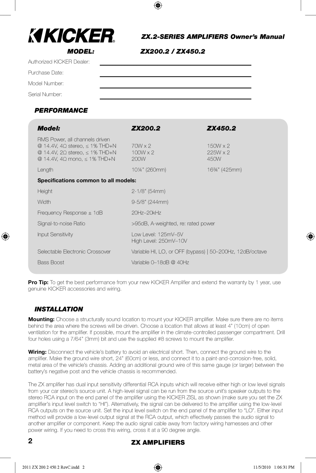 Kicker manual ZX200.2 / ZX450.2, Performance, Model ZX200.2 ZX450.2, Installation 