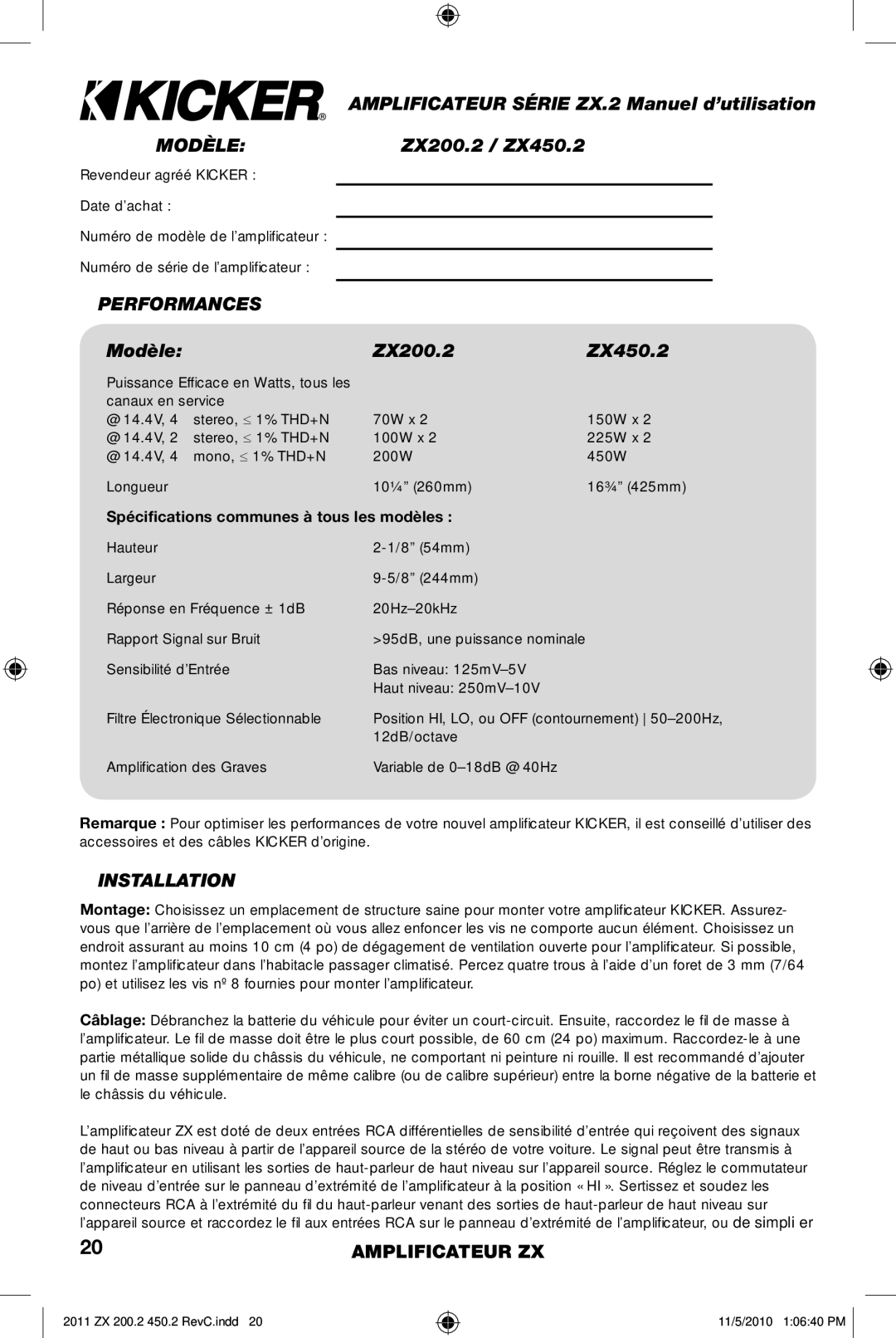 Kicker manual Amplificateur Série ZX.2 Manuel d’utilisation, Performances, Modèle ZX200.2 ZX450.2 