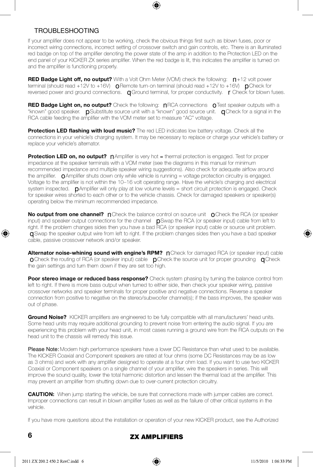 Kicker ZX200.2, ZX450.2 manual Troubleshooting 