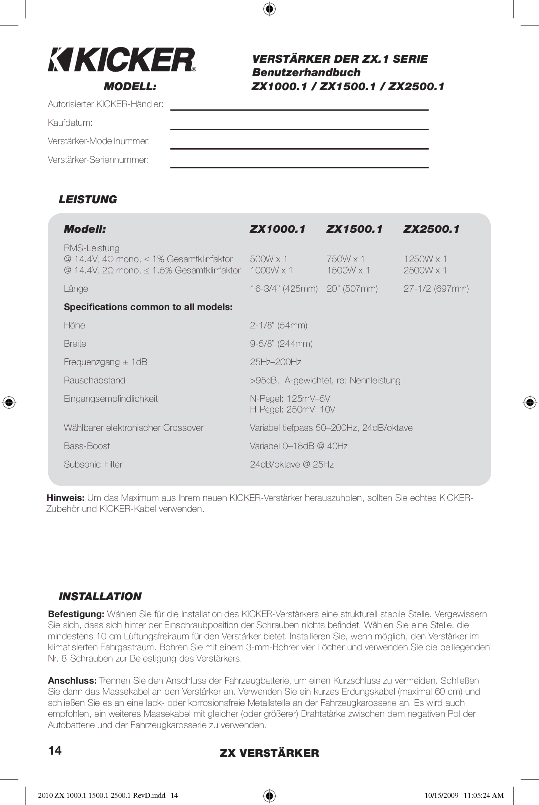 Kicker manual Verstärker DER ZX.1 Serie, Benutzerhandbuch, Leistung, Modell ZX1000.1 ZX1500.1 ZX2500.1 