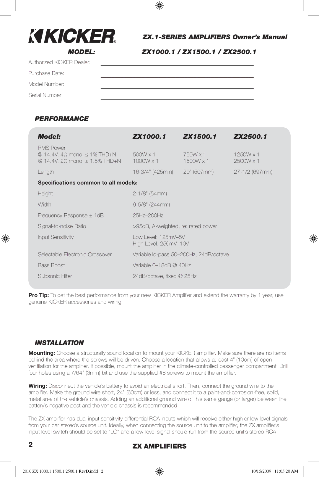 Kicker manual ZX1000.1 / ZX1500.1 / ZX2500.1, Performance, Model ZX1000.1 ZX1500.1 ZX2500.1, Installation 