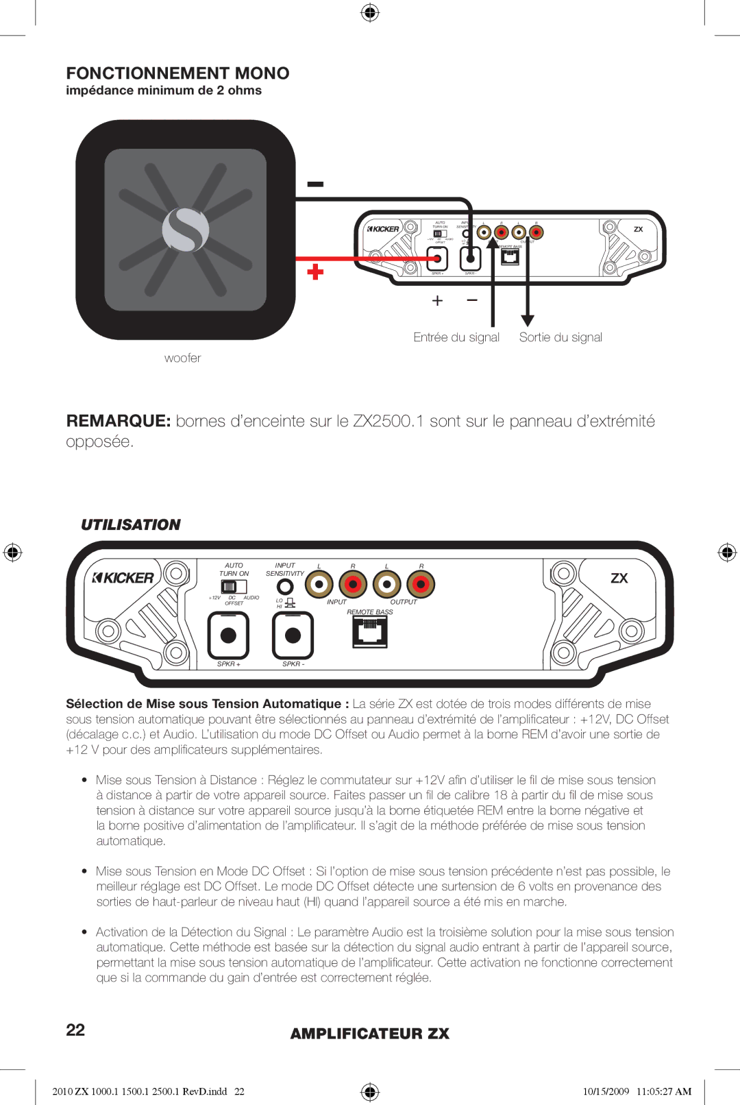 Kicker ZX1500.1, ZX2500.1, ZX1000.1 manual Fonctionnement Mono, Utilisation, Impédance minimum de 2 ohms 